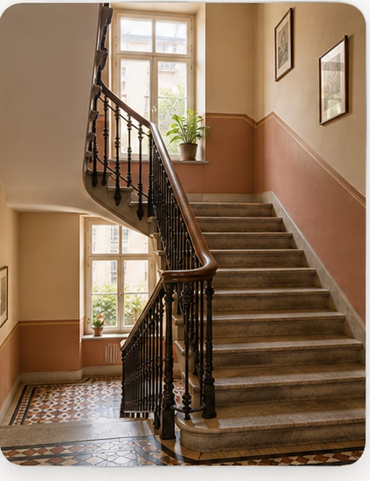 Altbau-Treppenhaus mit Holzgeländer und Mosaikfliesen in Mannheim